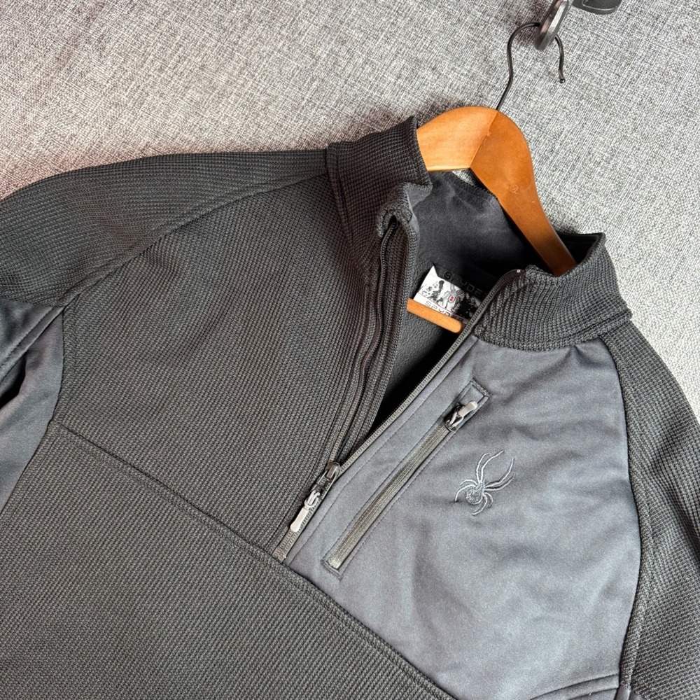 Mens Spyder Quarter Zip Pullover Large Black Hybrid Waffle Fleece